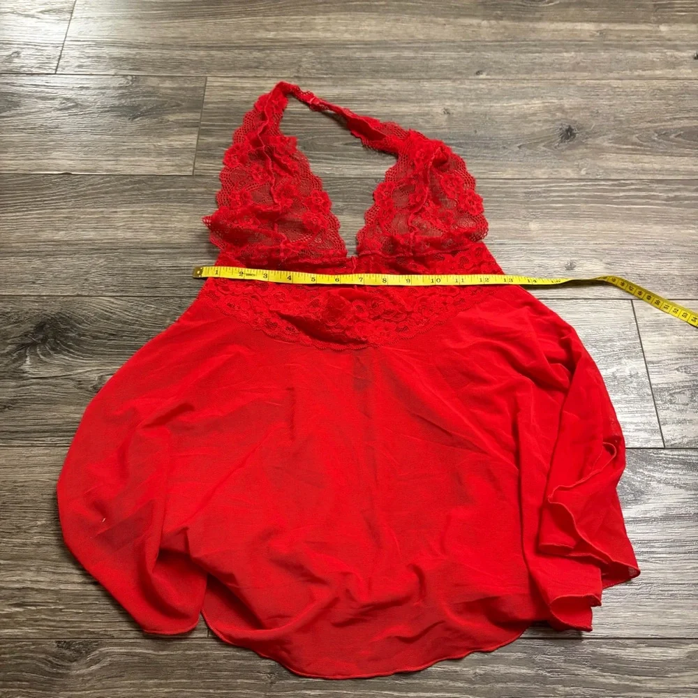 90s/Y2K European Vintage René Rofé Mesh/Lace Halter Babydoll Lingerie Slip Red M